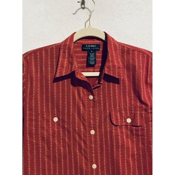 Ralph Lauren Top Womens Medium Red Cream Striped Button Up Long Sleeve Boho - Picture 2 of 8